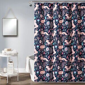 New‎ Lush Decor Pixie Fox Cute Fabric Shower Curtain, 72" X 72" Navy Blue & Pink